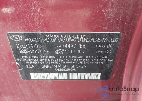 2016 Hyundai Sonata Se z USA, uszkodzony, nr VIN 5NPE24AF5GH365765